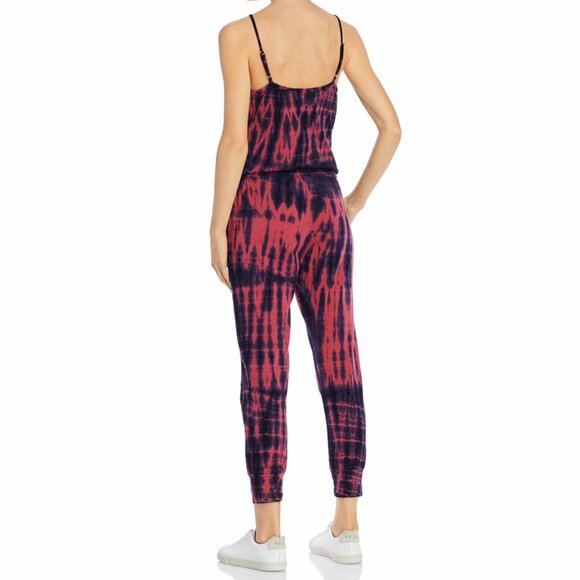 Sundry Jogger Jumpsuit Women V-Neck Sleeveless Tie Dye Drawstring Waist Red Navy - Picture 2 of 8